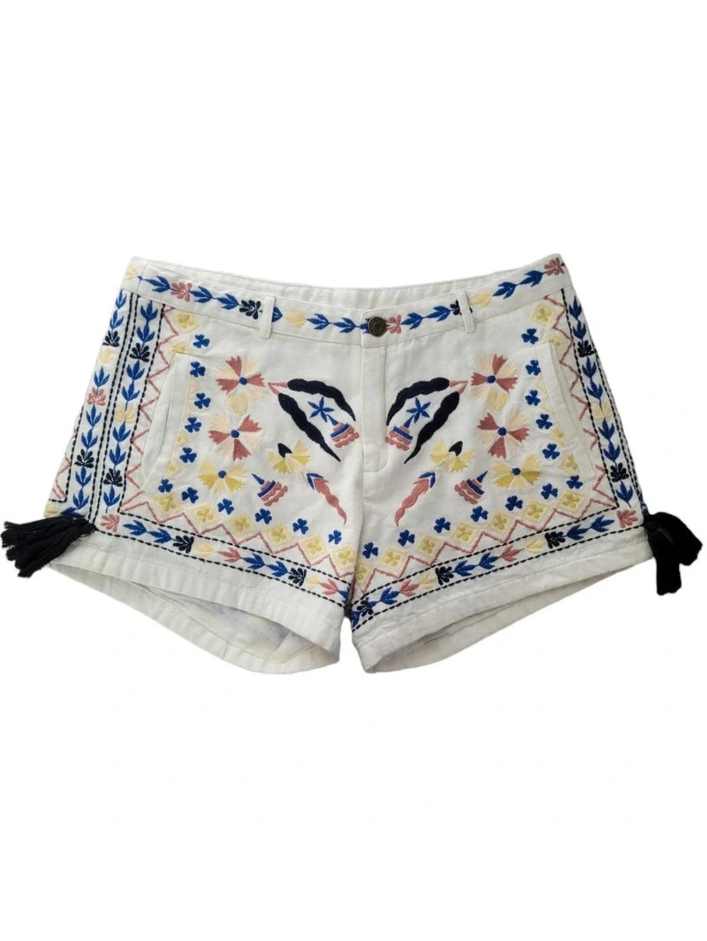 Mango Embroidered Shorts 4 Womens White Multicolor Mid Rise Pockets Tassel